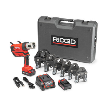 Ridgid 67053 RP 350 battery press tool kit with brushless motor and red carrying case.