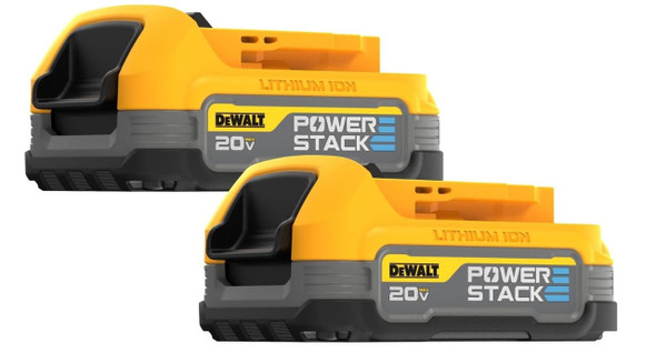 DEWALT DCBP034-2 20V MAX POWERSTACK compact lithium-ion battery 2-pack featuring pouch cell technology for increased power, longer runtime, and compact size.