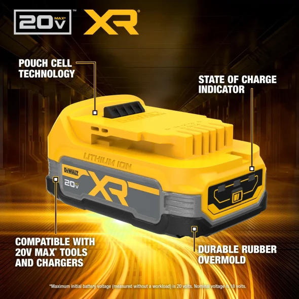 DEWALT 20V MAX POWERSTACK compact battery highlighting pouch cell technology, state of charge indicator, durable rubber overmold, and compatibility with all DEWALT 20V MAX tools and chargers.