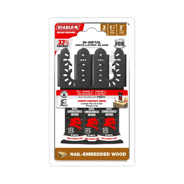 Diablo DOU125BW3 3-pack universal fit bi-metal oscillating blades in retail packaging for nail-embedded wood cutting applications.