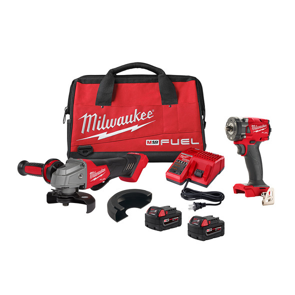 Milwaukee 2991-22 M18 FUEL 2-Tool Combo Kit with Mid-Torque Impact, Braking Grinder, batteries, and bag.