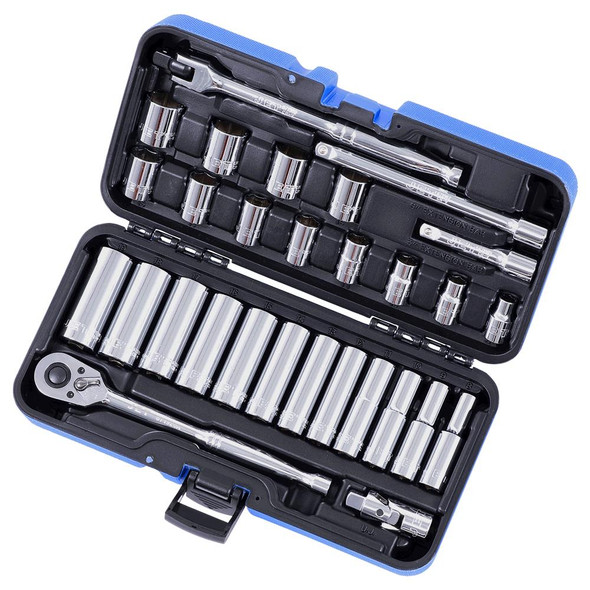 JET 600234 30-piece 3/8-inch drive metric 6-point socket wrench set organized in its heavy-duty blue storage case.