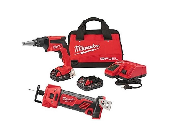 Milwaukee 2886-22CTP M18 Drywall Screw Gun and Cut Out Tool Kit with batteries and bag.
