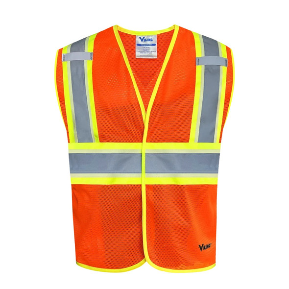 Viking 6111O Hi-Vis Orange Mesh Safety Vest with reflective tape and hook-and-loop closure.