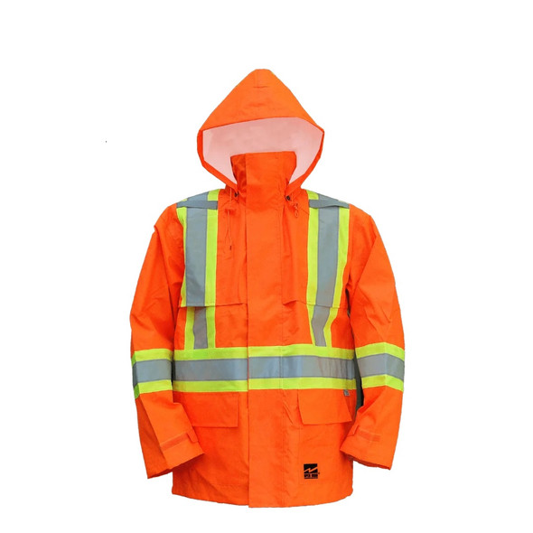Viking 6323JO Open Road Hi-Vis Orange Rain Jacket with 150D waterproof shell and CSA Class 2 Level 2 reflective striping.
