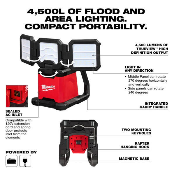 Milwaukee 2368-20 M18 ROVER Dual Power Triple-Panel Flood and Area Light with adjustable rotating panels.