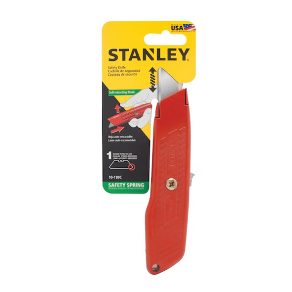 AUTO-RETRACT BLADE - Spring-loaded rounded tip blade retracts automatically when pressure is released from the slide button, helping to prevent accidental injury.