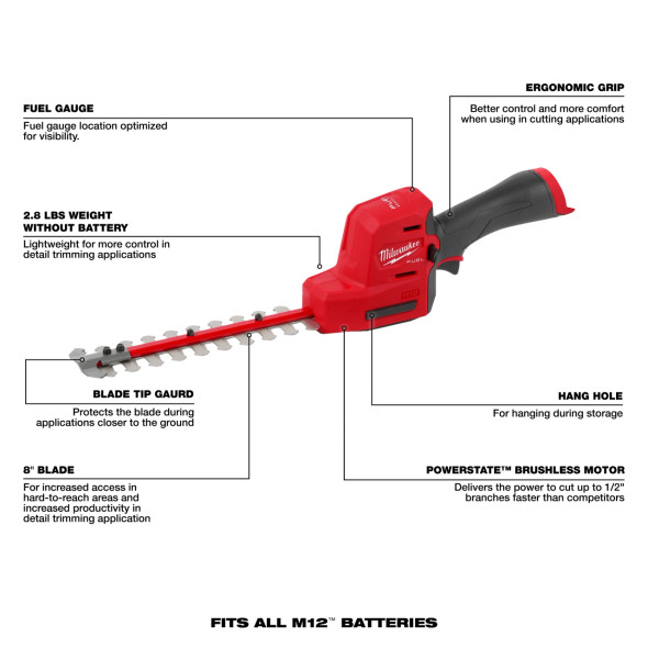 Milwaukee 2533-20 M12 FUEL 8 inch hedge trimmer feature diagram showing ergonomic grip and brushless motor.