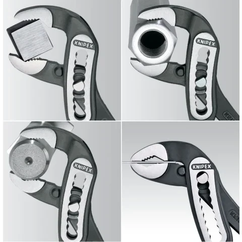 Close-up of Knipex 002007US1 Alligator Water Pump Pliers showing self-locking jaws gripping flat, round, and hex-shaped materials.