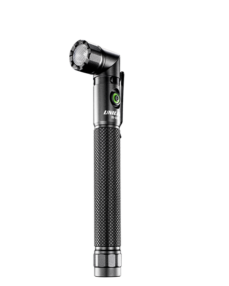 Unilite FR-400 right-angle LED flashlight in yellow and black with rotating pocket clip.