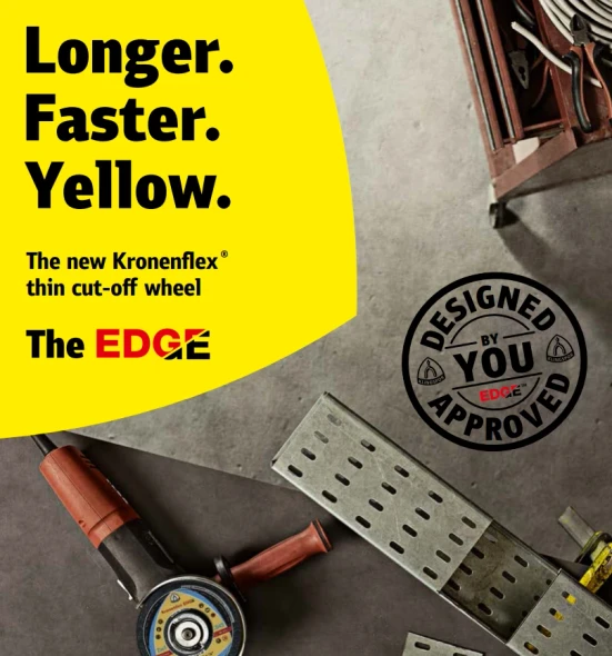 Klingspor Kronenflex Edge thin cut-off wheel Longer Faster Yellow performance graphic for metal cutting.