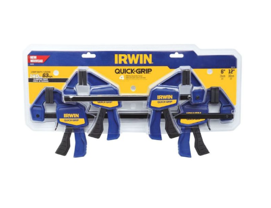 Irwin 1964748 QUICK-GRIP mini bar clamp 4-pack showing two 6-inch and two 12-inch blue and yellow clamps.