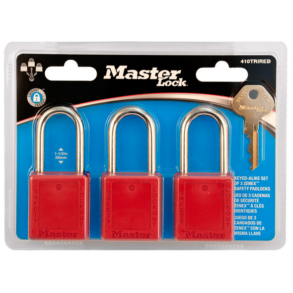 3-Keyed-Alike Red Zenex thermoplastic safety padlocks in carded packaging, 38mm wide with 38mm tall shackle.