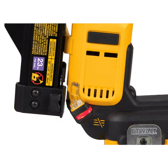 The battery-powered nailer is designed to drive 23 Ga. pin nails measuring between 5/8" and 1-1/2"