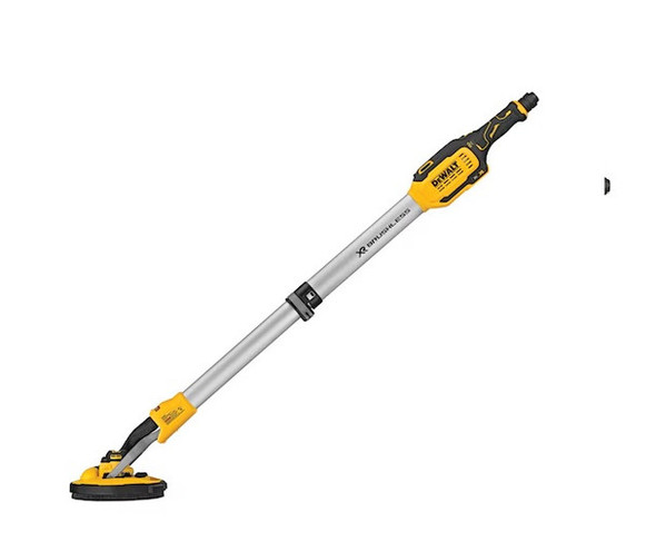 DEWALT DCE800B 20V MAX XR Brushless Cordless Drywall Sander showing the 9-inch sanding head and telescoping yellow handle.