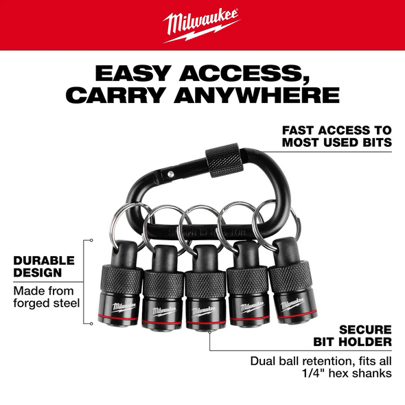 The 5PC Bit Holder is paired with a Carabiner for fast access to the most-used bits and can be clipped onto work belts, bags, or pouches.