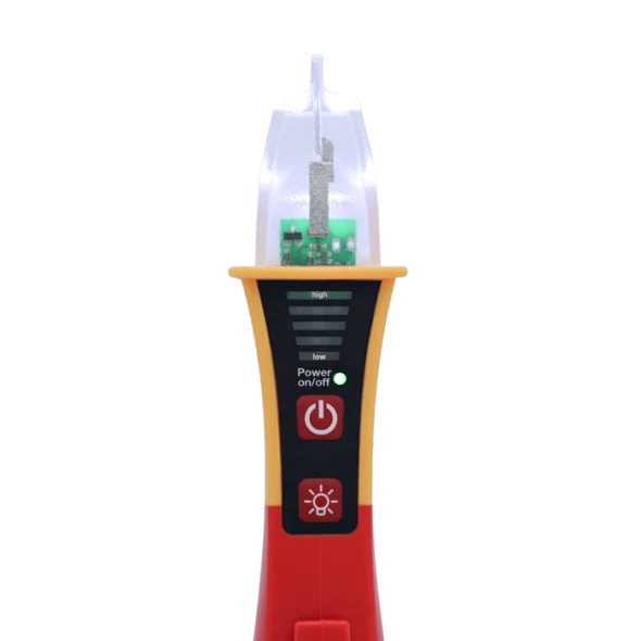 Close-up of the Wiha 25506 CAT IV voltage detector showing the illuminated sensing tip, LED voltage level indicator, power button, and built-in work light.