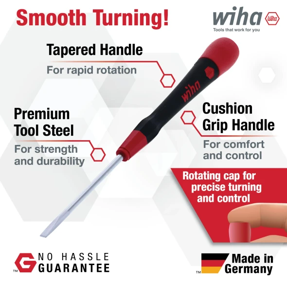 Wiha PicoFinish precision screwdriver featuring a tapered ergonomic handle, rotating cap, cushion grip, and premium tool steel for precision fastening and electronics repair.
