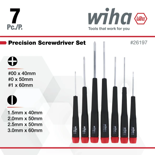 Wiha 26197 7-piece precision Phillips and slotted screwdriver set retail packaging showing included screwdriver sizes and product specifications.