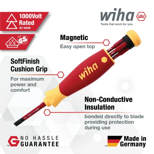 Wiha 28345 PocketMax SlimLine insulated multi-driver featuring magnetic bit storage, SoftFinish cushion grip, and 1000V VDE-certified insulation.