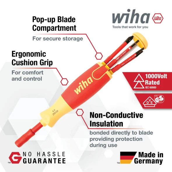 Wiha 28393 Insulated SlimLine Pop-Up Ultra Driver featuring pop-up blade storage, ergonomic cushion grip, 1000V IEC 60900 insulation, and non-conductive blade protection.