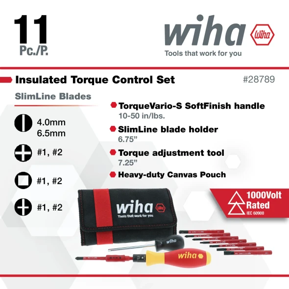 Wiha 28789 11 Piece Insulated Torque Control Set featuring TorqueVario-S SoftFinish handle, SlimLine insulated blades, heavy-duty canvas pouch, and IEC 60900 1000V insulation.