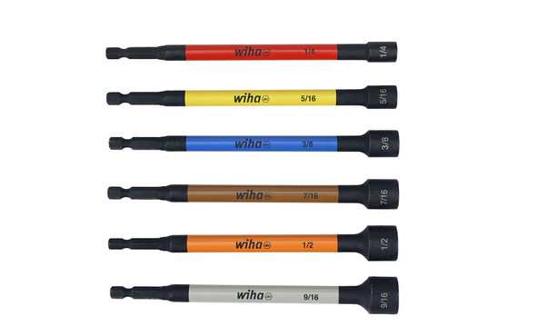 Wiha 70486 6-piece color-coded magnetic nut setter set showing the six different sizes.