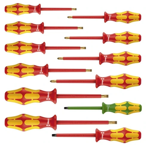 Wera 8001 A 1/4 inch square drive bit ratchet screwdriver set with insulated handles.