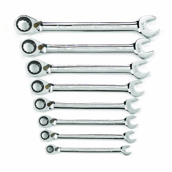 12 Point SAE Reversible Ratcheting Combination Wrench Set 8-Piece