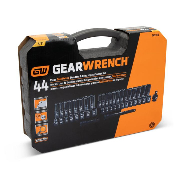 GearWrench 84916N 3/8″ Drive 6-Point Standard and Deep Impact SAE/Metric Socket Set 44-Piece
