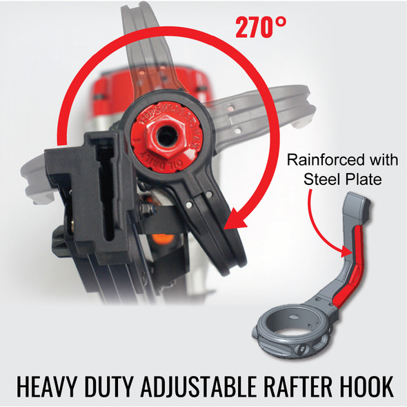 The heavy-duty adjustable rafter hook rotates 270° and allows the tool to be hung on rafters and joists when it's not in use.