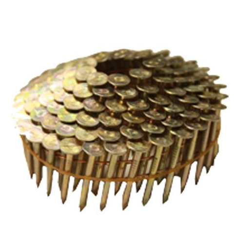 Bulk 7,200-count box of 1-1/4 inch x .120 smooth shank 15-degree wire coil roofing nails.
