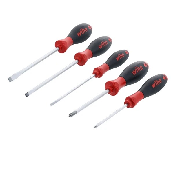 Wiha 30277 SoftFinish 5 Piece Screwdriver Set including Phillips and slotted screwdrivers with ergonomic SoftFinish handles.