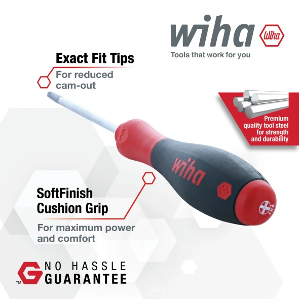 Wiha 30277 SoftFinish Phillips and Slotted Screwdriver Set featuring SoftFinish ergonomic cushion grip, exact fit tips, and premium tool steel construction.