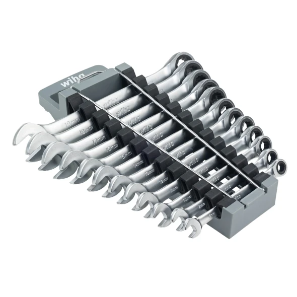 Wiha 30391 Metric Combination Ratchet Wrench Set 12 Piece with storage rack, featuring metric combination wrenches from 8mm to 19mm for professional automotive and industrial applications.
