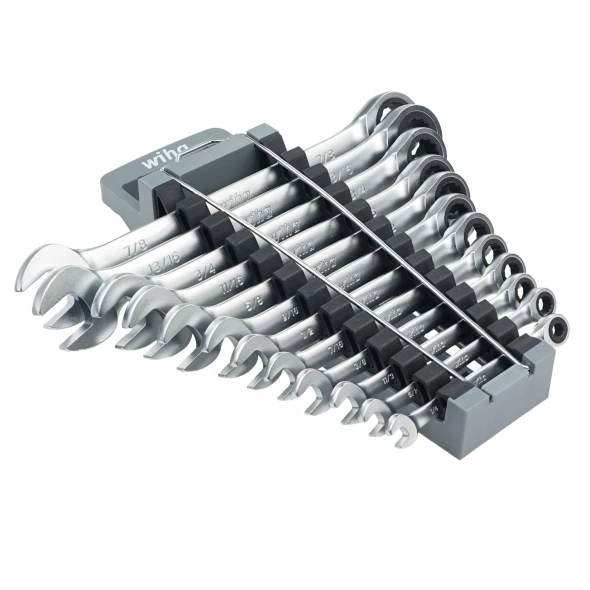 Front view of the Wiha 30394 12 Piece SAE Combination Ratchet Wrench Set with organized storage rack and polished SAE ratcheting wrenches.