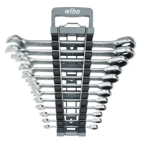 Wiha 30394 SAE Combination Ratchet Wrench Set 12 Piece with storage rack, featuring SAE ratcheting combination wrenches from 1/4 in. to 7/8 in. for professional automotive and industrial applications.