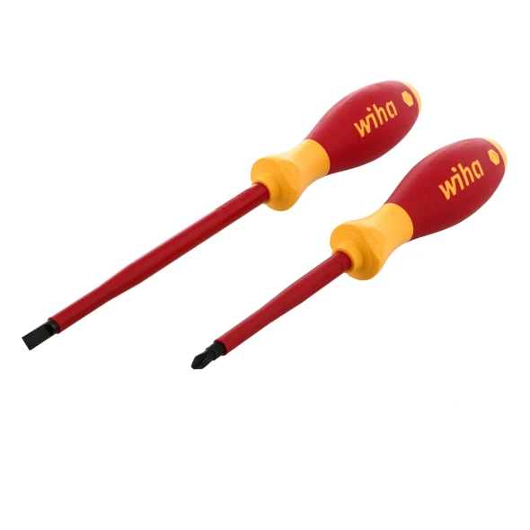 Wiha 33580 insulated SoftFinish slotted and Phillips screwdrivers with ergonomic cushion grip handles and 1000V VDE-rated insulated shafts.