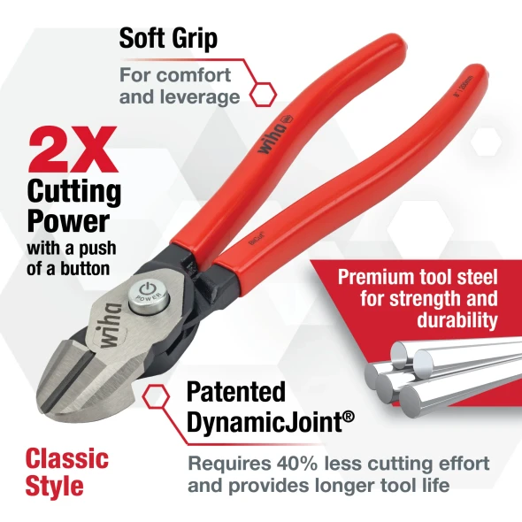 Wiha 32636 8-inch Classic Grip BiCut compound diagonal cutters featuring DynamicJoint technology, soft grip handles, and premium tool steel for increased cutting power.