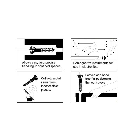 Applications of the Wiha 40010 magnetizer and demagnetizer showing magnetic screw holding, metal part retrieval, precision electronics work, and confined space fastening.