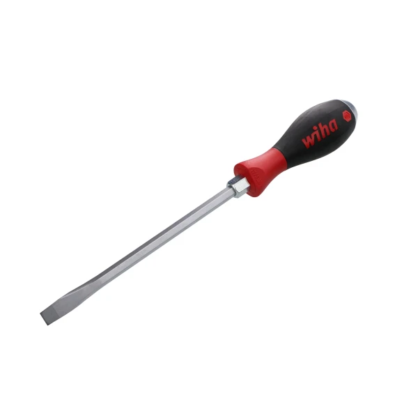 Angled view of the Wiha 53035 10.0mm x 175mm slotted screwdriver featuring an ergonomic SoftFinish grip, precision-machined flat tip, and durable chrome-vanadium steel blade.