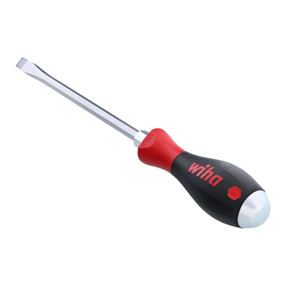 Wiha 53035 slotted screwdriver with 10.0mm flat blade, 175mm round blade, ergonomic SoftFinish handle, and steel striking cap for professional fastening applications.