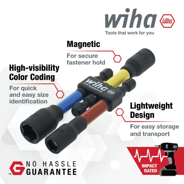 Wiha 70489 colour-coded magnetic nut setter set with 1/4-inch, 5/16-inch, and 3/8-inch impact-rated magnetic nut setters for hex fasteners.