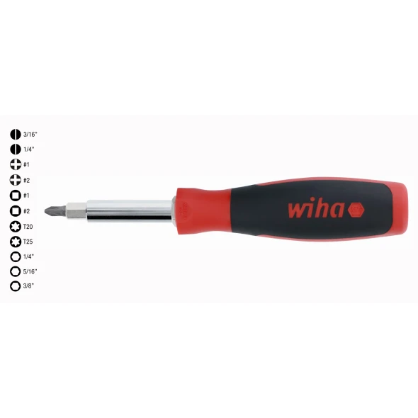 Wiha 77891 SoftFinish 11-in-1 multi-driver featuring ergonomic cushion grip handle, interchangeable blade receiver, and precision bit storage.