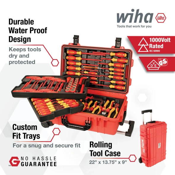 Wiha 32800 Insulated 80-piece Master Electrician Tool Set featuring a waterproof rolling tool case, custom-fit trays, and 1000V insulated professional tools.
