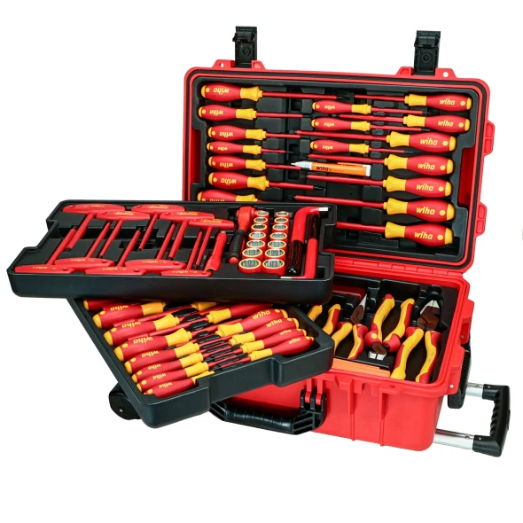 Complete Wiha 32800 80-piece insulated Master Electrician tool kit with 1000V insulated screwdrivers, pliers, sockets, drivers, and accessories in a rolling storage case.