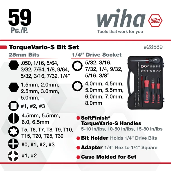 Wiha 28589 TorqueVario-S 59 Piece Bit Set with adjustable torque screwdrivers, 25mm precision bits, metric and SAE sockets, extension, adapter, and molded storage case.