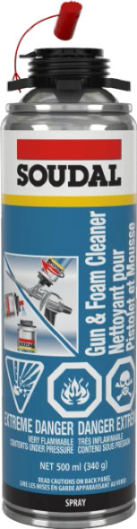 Soudal foam gun cleaner spray can for removing uncured expanding foam residue.
