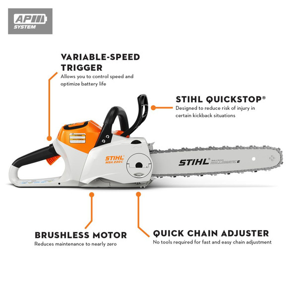 STIHL MSA 220 C 16-inch cordless chainsaw featuring variable-speed trigger, brushless motor, STIHL Quickstop brake, and tool-free chain adjustment.