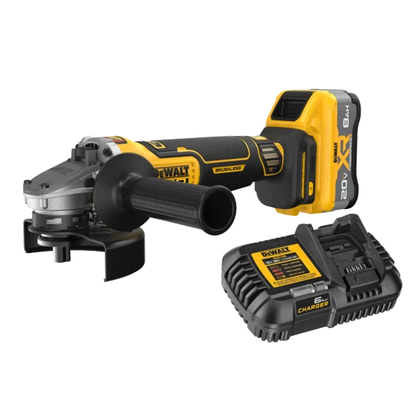 DeWalt DCG410WW1 20V MAX XR 4-1/2 inch to 5 inch brushless angle grinder kit with 8Ah battery, delivering high-performance cutting, grinding, E-Brake safety, and cordless convenience for professional tradespeople.